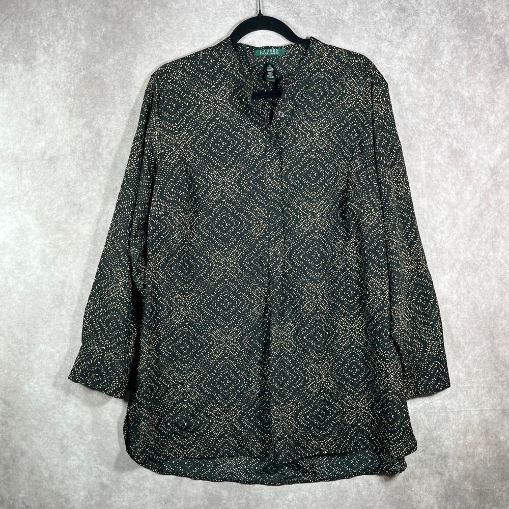 Lauren Ralph Lauren‎ Blouse Womens 1X Black Dotted Popover Artsy Mature Office